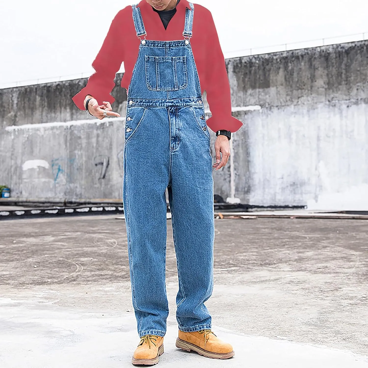 Men's Denim Bib Overall Jean Romper Trousers Cotton Relaxed Fit Pants Fashion Workwear Jumpsuit with Pockets