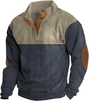 Mens Fall Sweater Corduroy Shirt Lapel Collar Button Up Pullover Long Sleeve Polo Sweatshirts Winter Clothing Gear