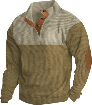 Mens Fall Sweater Corduroy Shirt Lapel Collar Button Up Pullover Long Sleeve Polo Sweatshirts Winter Clothing Gear