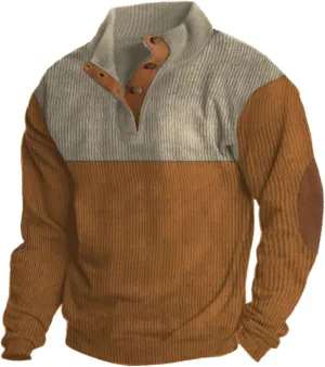 Mens Fall Sweater Corduroy Shirt Lapel Collar Button Up Pullover Long Sleeve Polo Sweatshirts Winter Clothing Gear