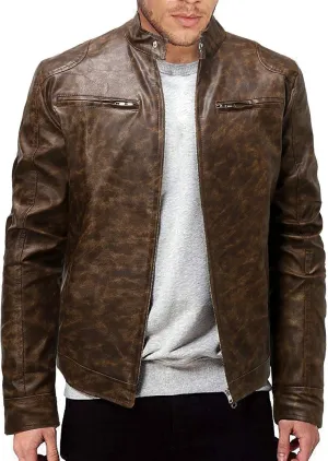 Men's Faux Leather Jacket Vintage Stand Collar Motorcycle PU Leather Outwear Coat Lightweight Faux Leather Outwear