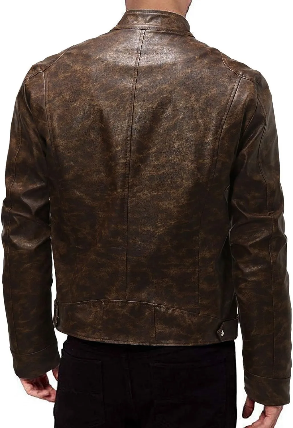 Men's Faux Leather Jacket Vintage Stand Collar Motorcycle PU Leather Outwear Coat Lightweight Faux Leather Outwear