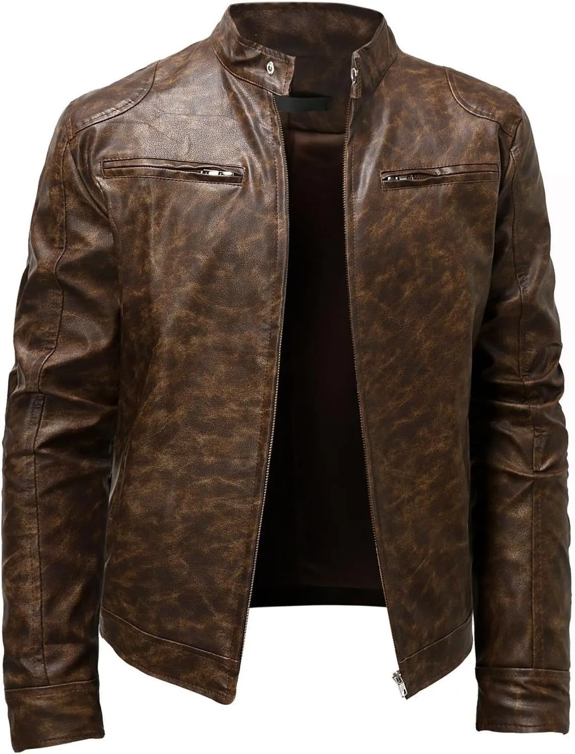 Men's Faux Leather Jacket Vintage Stand Collar Motorcycle PU Leather Outwear Coat Lightweight Faux Leather Outwear