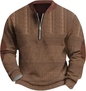 Mens Half Zip Sweatshirts Plus Size Vintage Comfy Knit Stand Collar Top Casual Fall Long Sleeve Print Shirts