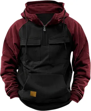 Men's Henley Pullover Sweatshirts Sleeve Hoodie Half Zipper Hooded Sweatshirt Top Workwear Multi Pocket Outdoor