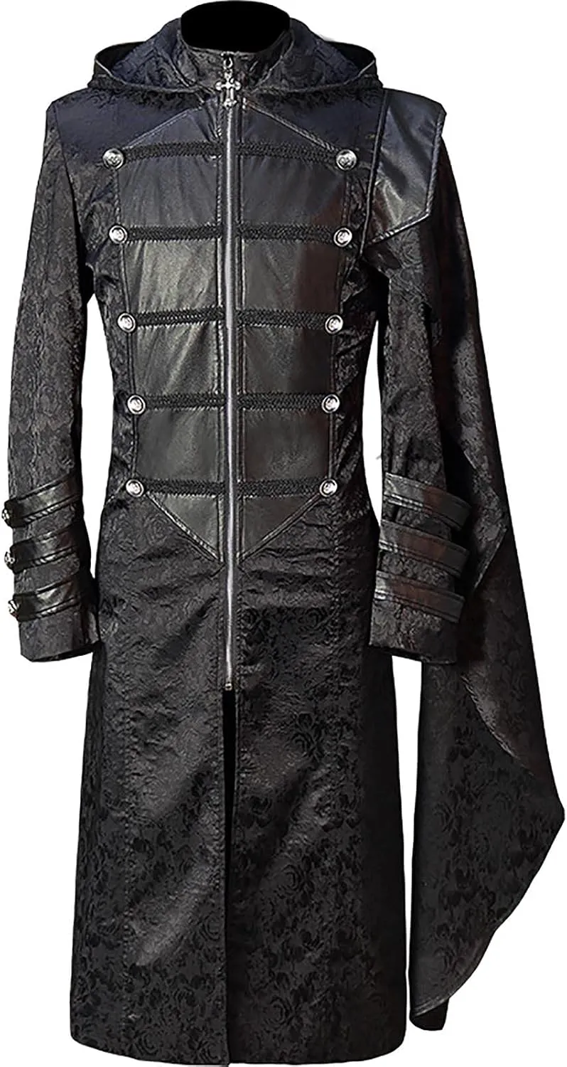 Men's Hooded Trench Coat Halloween Retro Gothic Style Long Windbreaker Jacket Fashion Long Sleeve Tuxedo Jackets