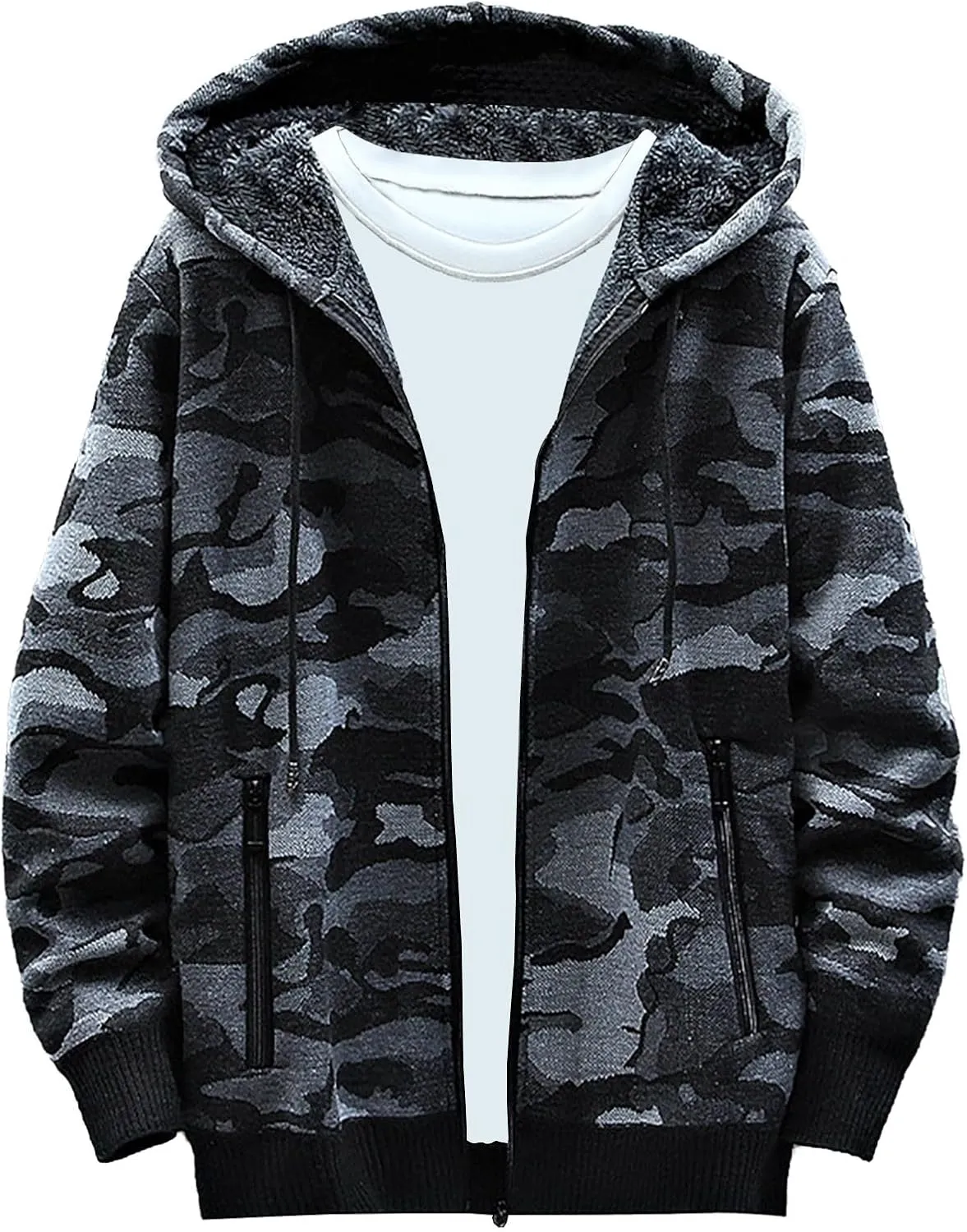 Mens Knit Sweater Hoodie Fleece Lined Cardigan Sweater Zip up Sweaters Color Block Cardigan Casual Winter Jackets