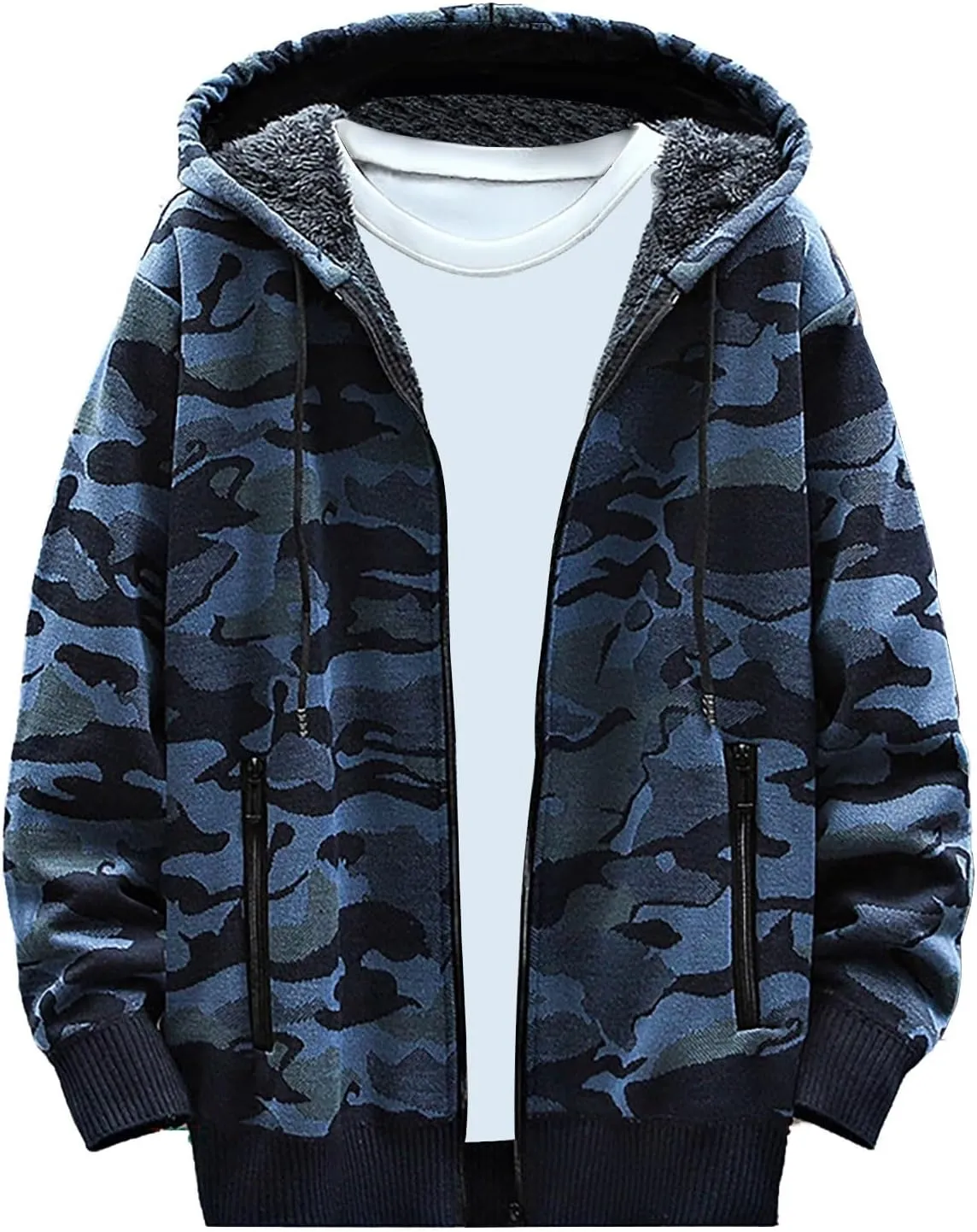 Mens Knit Sweater Hoodie Fleece Lined Cardigan Sweater Zip up Sweaters Color Block Cardigan Casual Winter Jackets