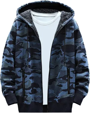 Mens Knit Sweater Hoodie Fleece Lined Cardigan Sweater Zip up Sweaters Color Block Cardigan Casual Winter Jackets