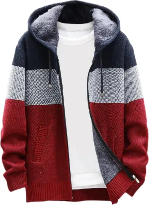 Mens Knit Sweater Hoodie Fleece Lined Cardigan Sweater Zip up Sweaters Color Block Cardigan Casual Winter Jackets