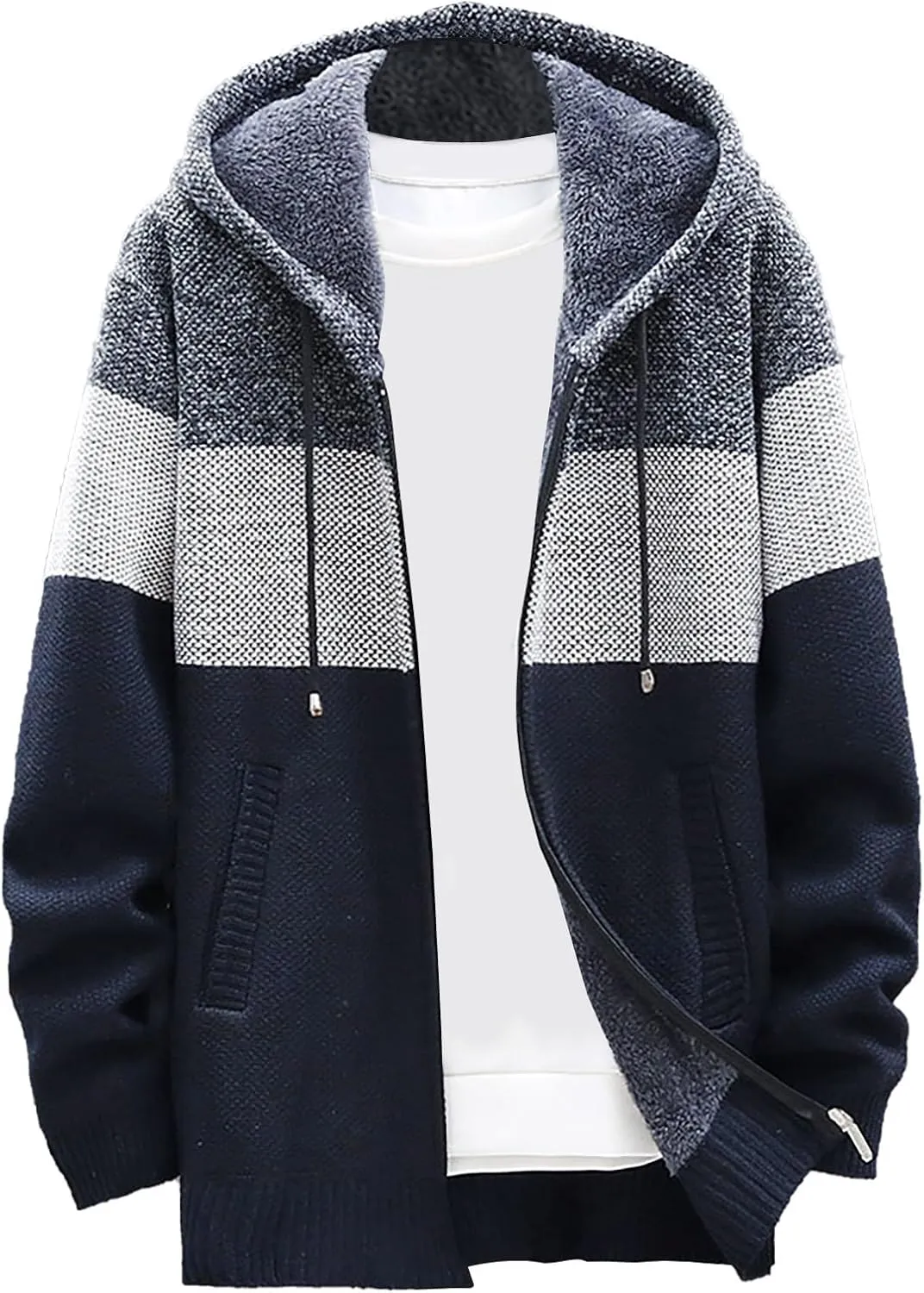 Mens Knit Sweater Hoodie Fleece Lined Cardigan Sweater Zip up Sweaters Color Block Cardigan Casual Winter Jackets