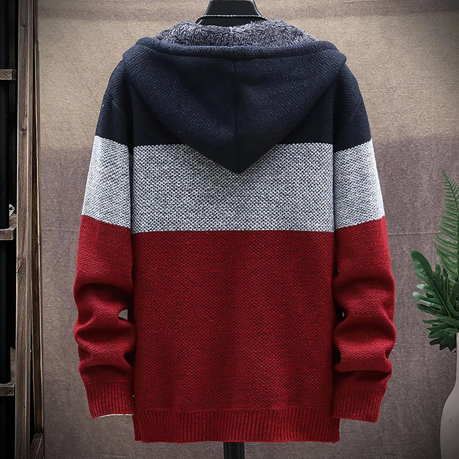 Mens Knit Sweater Hoodie Fleece Lined Cardigan Sweater Zip up Sweaters Color Block Cardigan Casual Winter Jackets