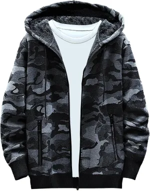 Mens Knit Sweater Hoodie Fleece Lined Cardigan Sweater Zip up Sweaters Color Block Cardigan Casual Winter Jackets