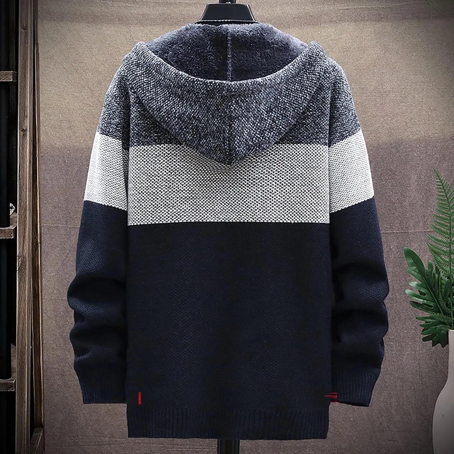 Mens Knit Sweater Hoodie Fleece Lined Cardigan Sweater Zip up Sweaters Color Block Cardigan Casual Winter Jackets