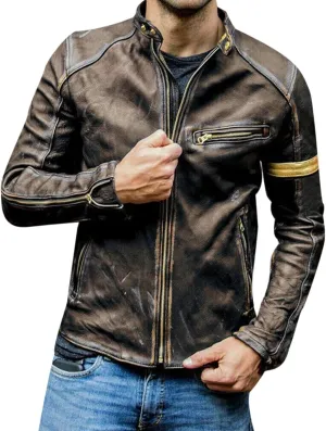 Men's Leather Jacket Stand Collar Punk Biker Leather Jacket Leather Hooded Jacket (Khaki, XXXXL)