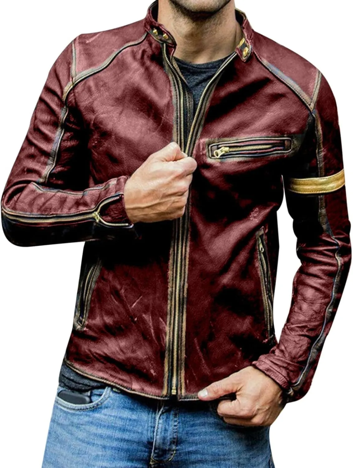 Men's Leather Jacket Stand Collar Punk Biker Leather Jacket Leather Hooded Jacket (Red, XL)