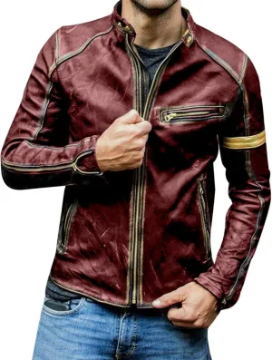 Men's Leather Jacket Stand Collar Punk Biker Leather Jacket Leather Hooded Jacket (Red, XL)