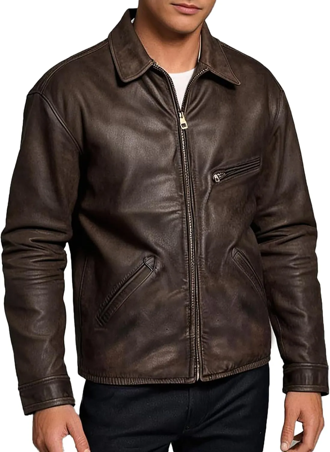Men's Leather Motorcycle Jacket - Cafe Racer Distressed Leather Jacket - Mens Biker Leather Jacket