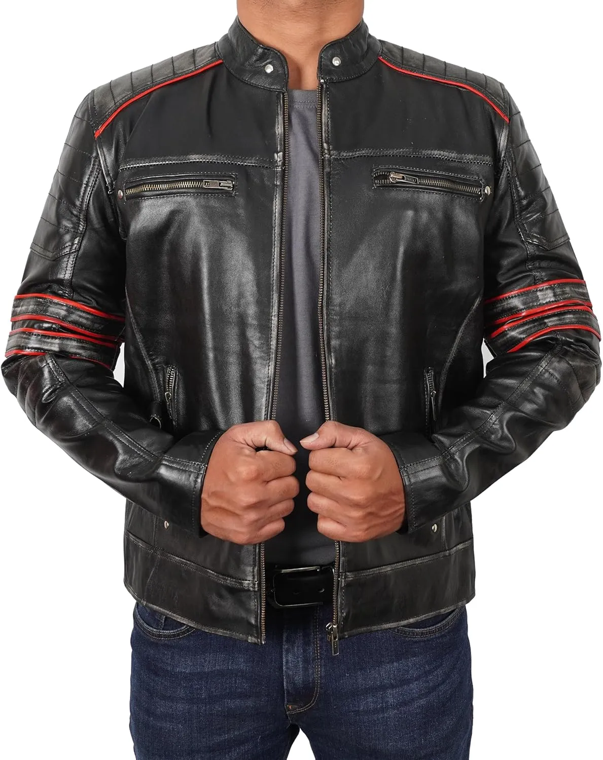 Men's Leather Motorcycle Jacket - Cafe Racer Distressed Leather Jacket - Mens Biker Leather Jacket