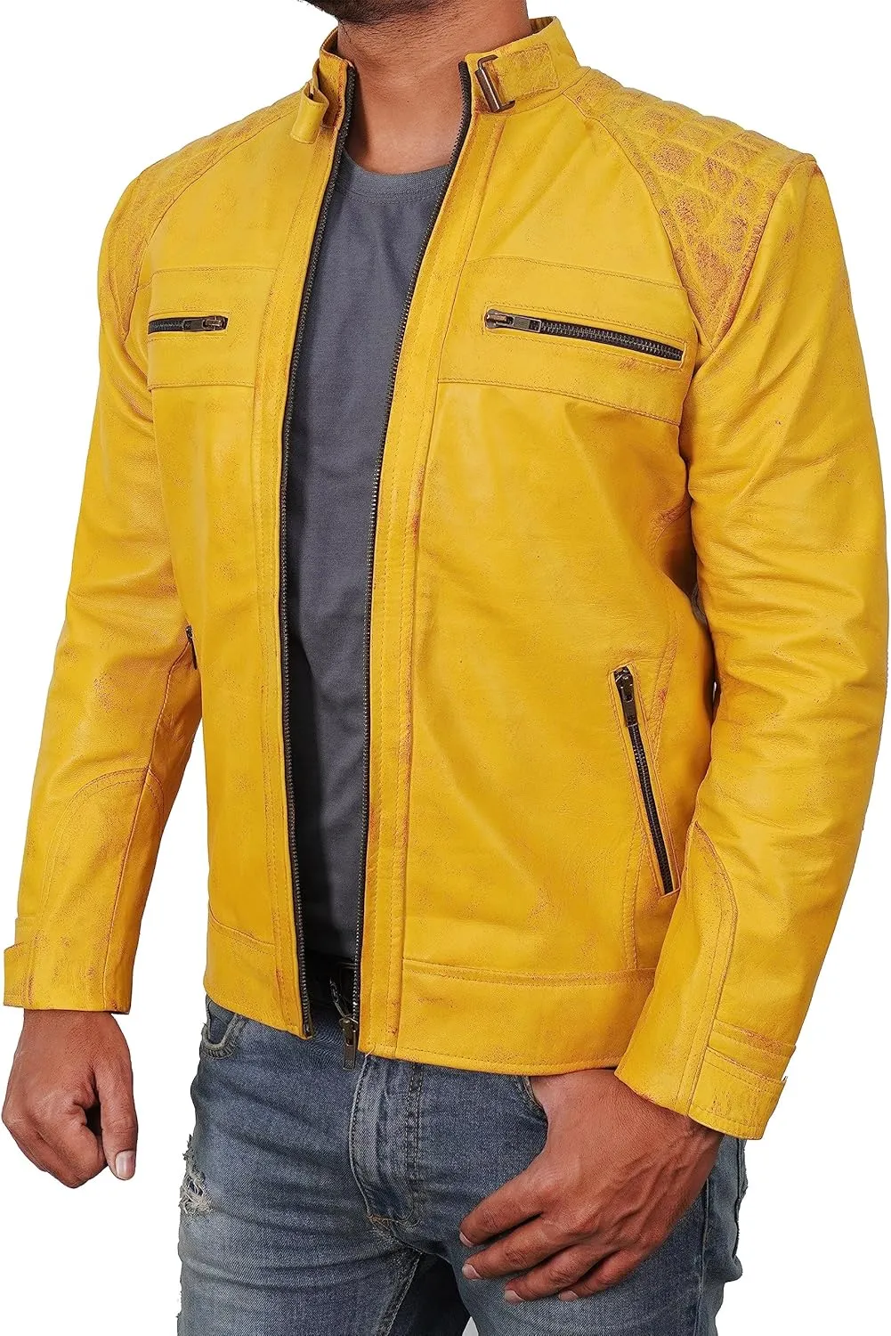 Men's Leather Motorcycle Jacket - Cafe Racer Distressed Leather Jacket - Mens Biker Leather Jacket