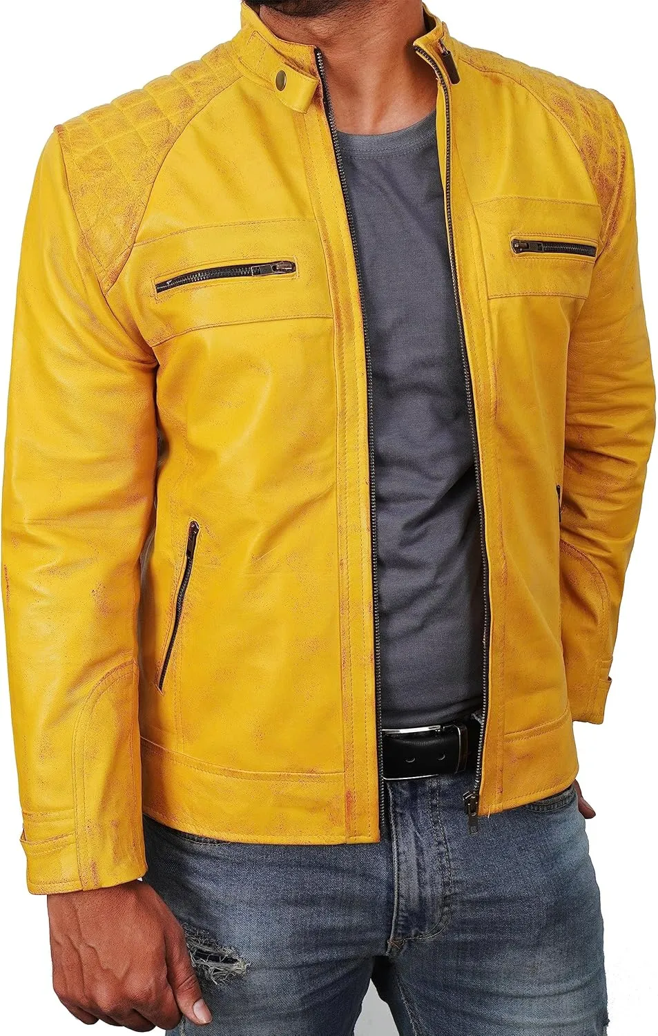 Men's Leather Motorcycle Jacket - Cafe Racer Distressed Leather Jacket - Mens Biker Leather Jacket