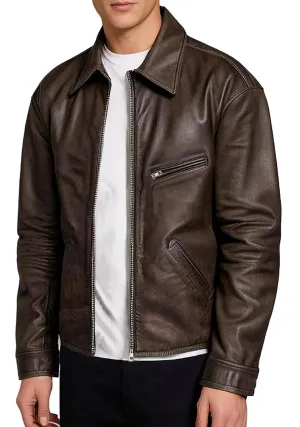 Men's Leather Motorcycle Jacket - Cafe Racer Distressed Leather Jacket - Mens Biker Leather Jacket