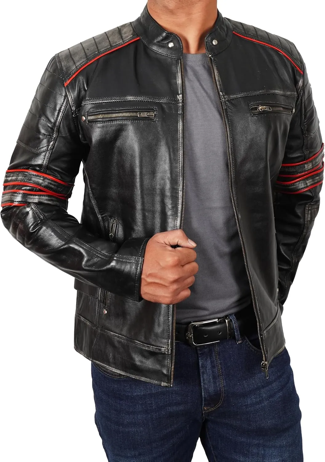 Men's Leather Motorcycle Jacket - Cafe Racer Distressed Leather Jacket - Mens Biker Leather Jacket