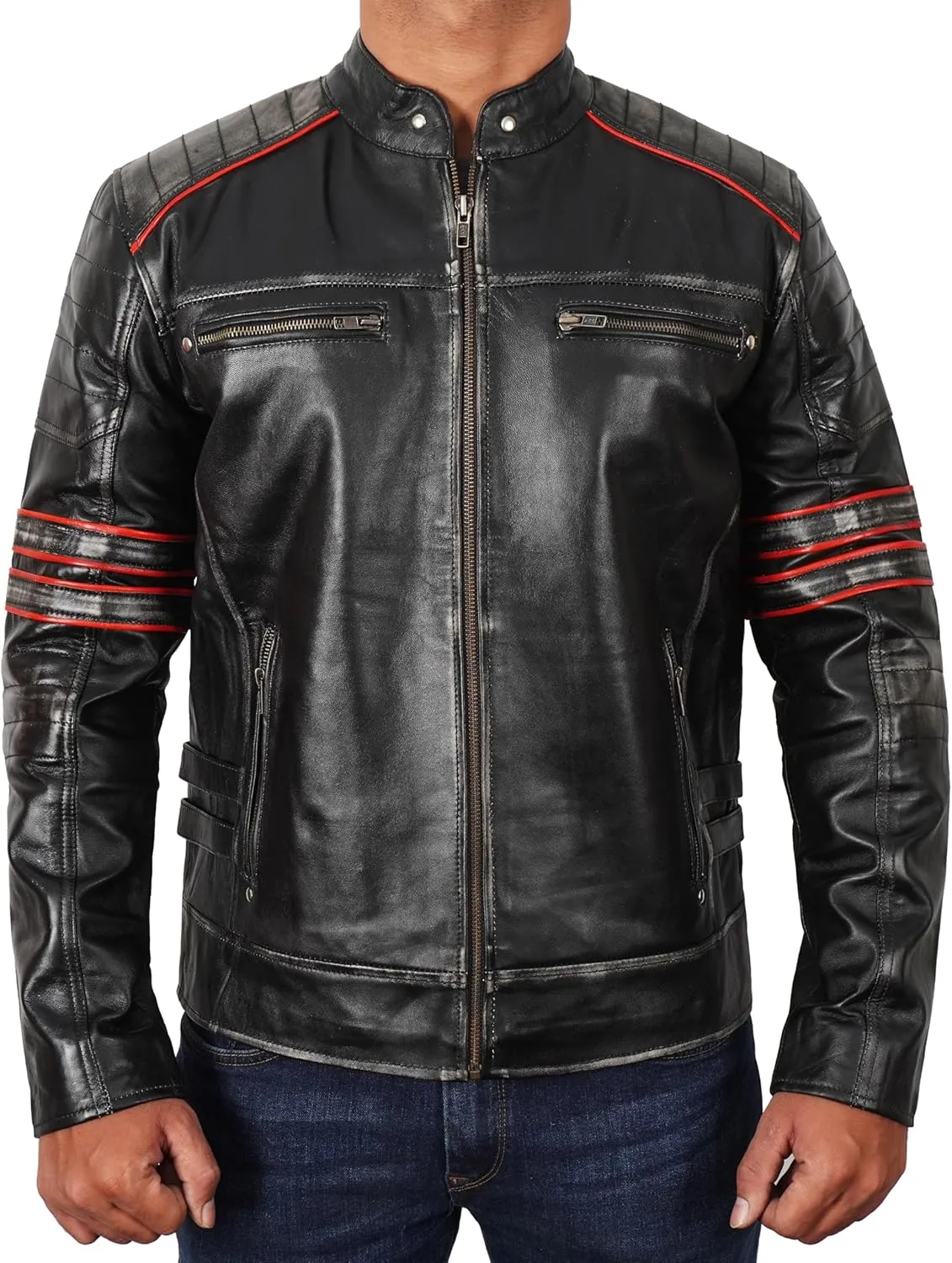 Men's Leather Motorcycle Jacket - Cafe Racer Distressed Leather Jacket - Mens Biker Leather Jacket
