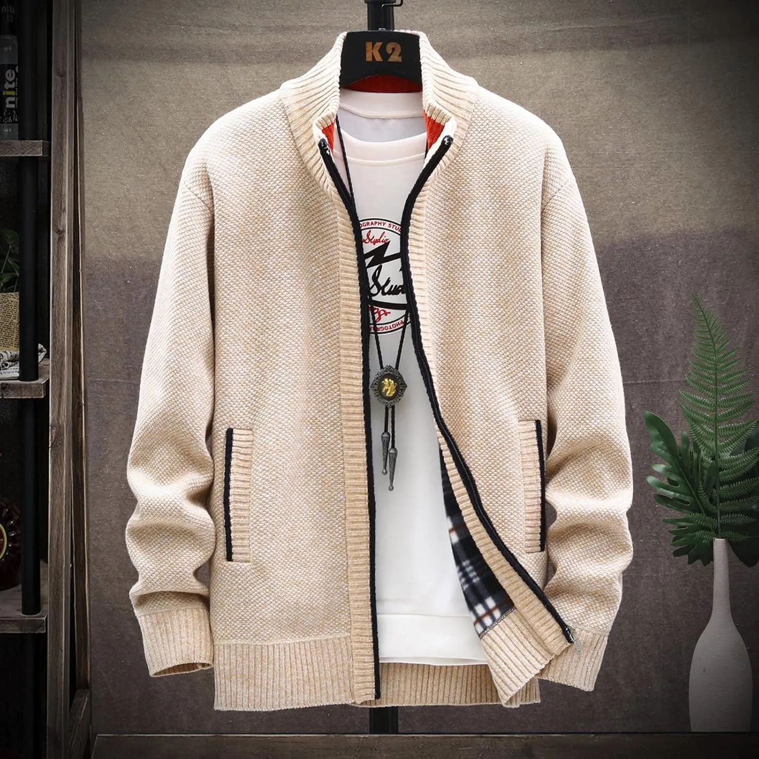 Mens Lightweight Sweaters Zip Up Stand Collar Cardigan Sweater Knitwear with Pockets Sweater Cardigan, XL-4XL