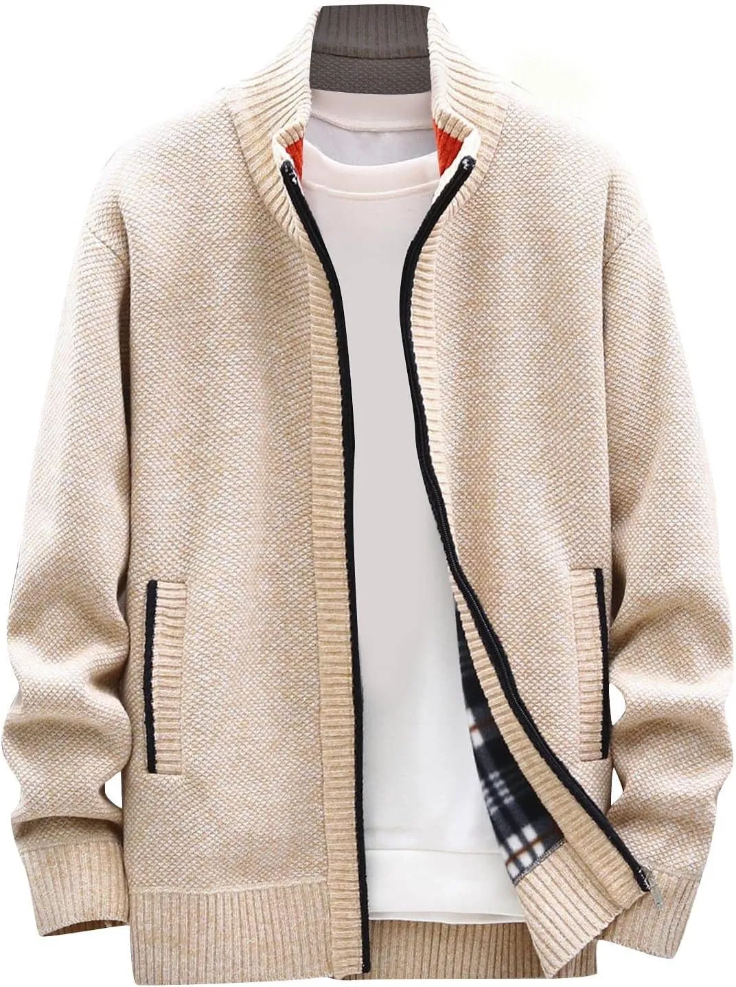 Mens Lightweight Sweaters Zip Up Stand Collar Cardigan Sweater Knitwear with Pockets Sweater Cardigan, XL-4XL