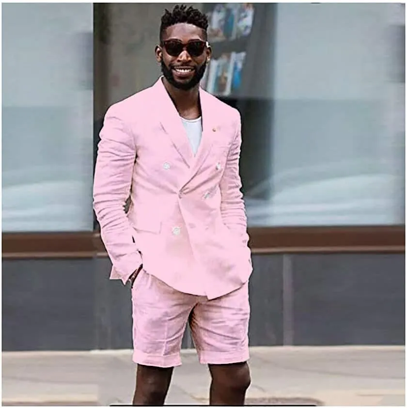 Mens Linen Cotton Shorts Suit Casual Grooms Beach Wedding Slim Fit Tuxedo Suit Blazer & Shorts Set