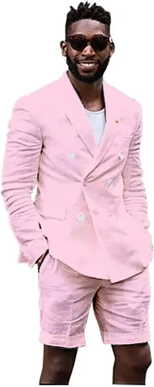 Mens Linen Cotton Shorts Suit Casual Grooms Beach Wedding Slim Fit Tuxedo Suit Blazer & Shorts Set