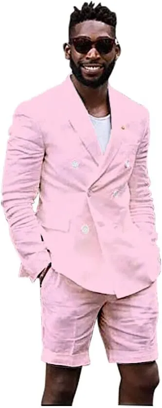 Mens Linen Cotton Shorts Suit Casual Grooms Beach Wedding Slim Fit Tuxedo Suit Blazer & Shorts Set
