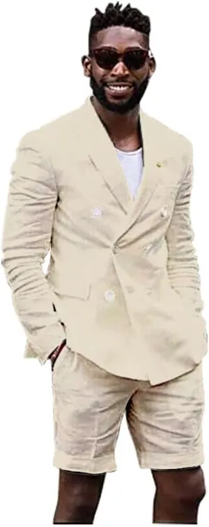 Mens Linen Cotton Shorts Suit Casual Grooms Beach Wedding Slim Fit Tuxedo Suit Blazer & Shorts Set