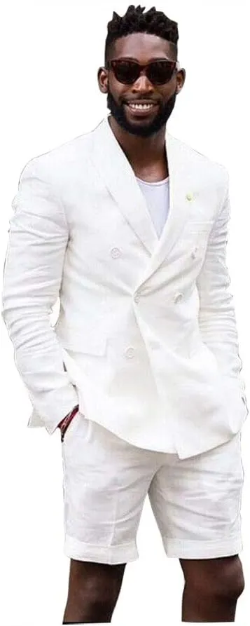 Mens Linen Cotton Shorts Suit Casual Grooms Beach Wedding Slim Fit Tuxedo Suit Blazer & Shorts Set