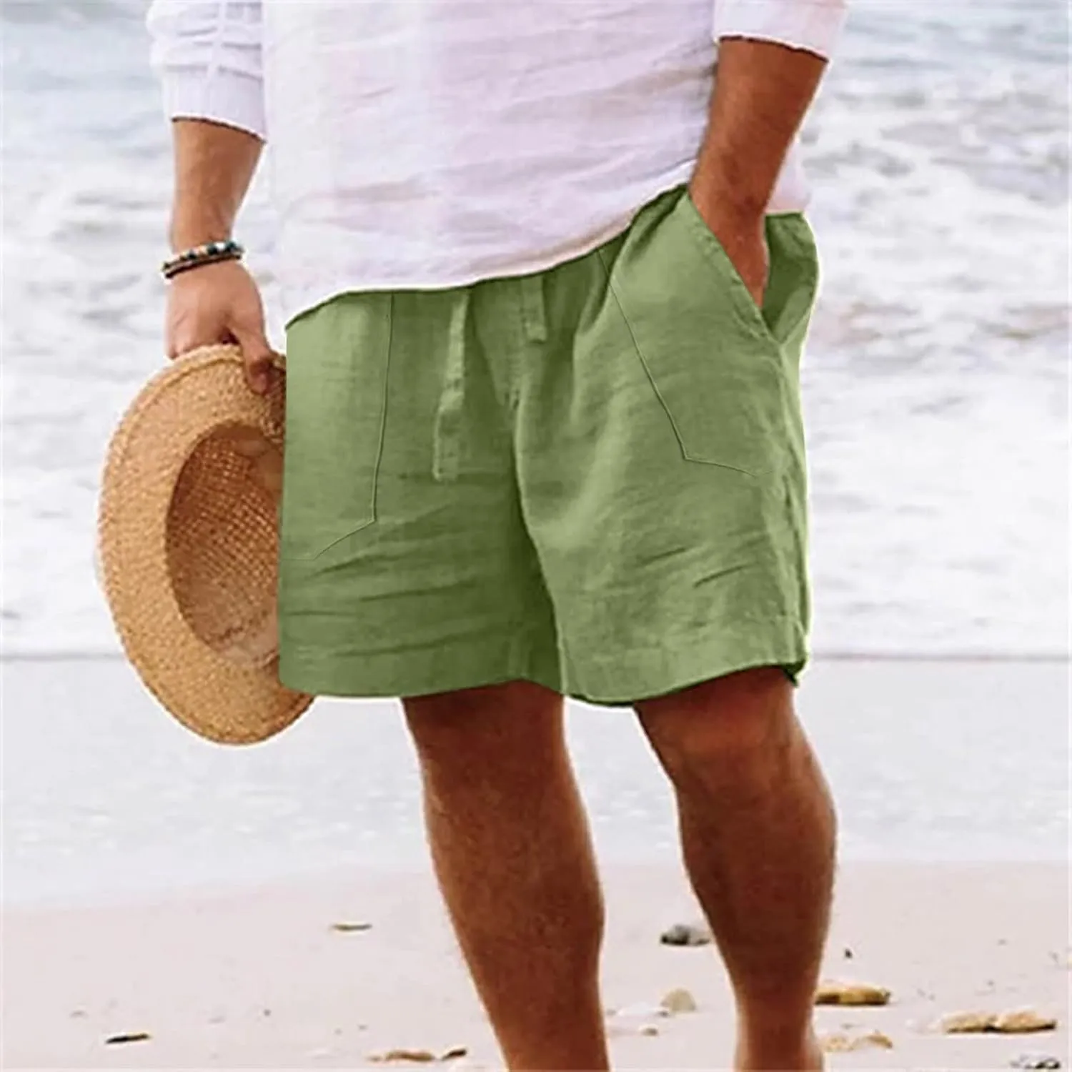 Men's Linen Shorts Casual Elastic Waist Drawstring Bermuda Pants Summer Beach Vacation Yoga Golf Shorts with Pockets