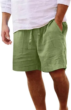 Men's Linen Shorts Casual Elastic Waist Drawstring Bermuda Pants Summer Beach Vacation Yoga Golf Shorts with Pockets