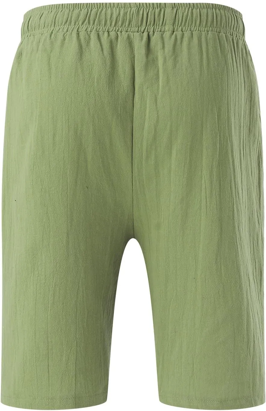 Men's Linen Shorts Casual Elastic Waist Drawstring Bermuda Pants Summer Beach Vacation Yoga Golf Shorts with Pockets