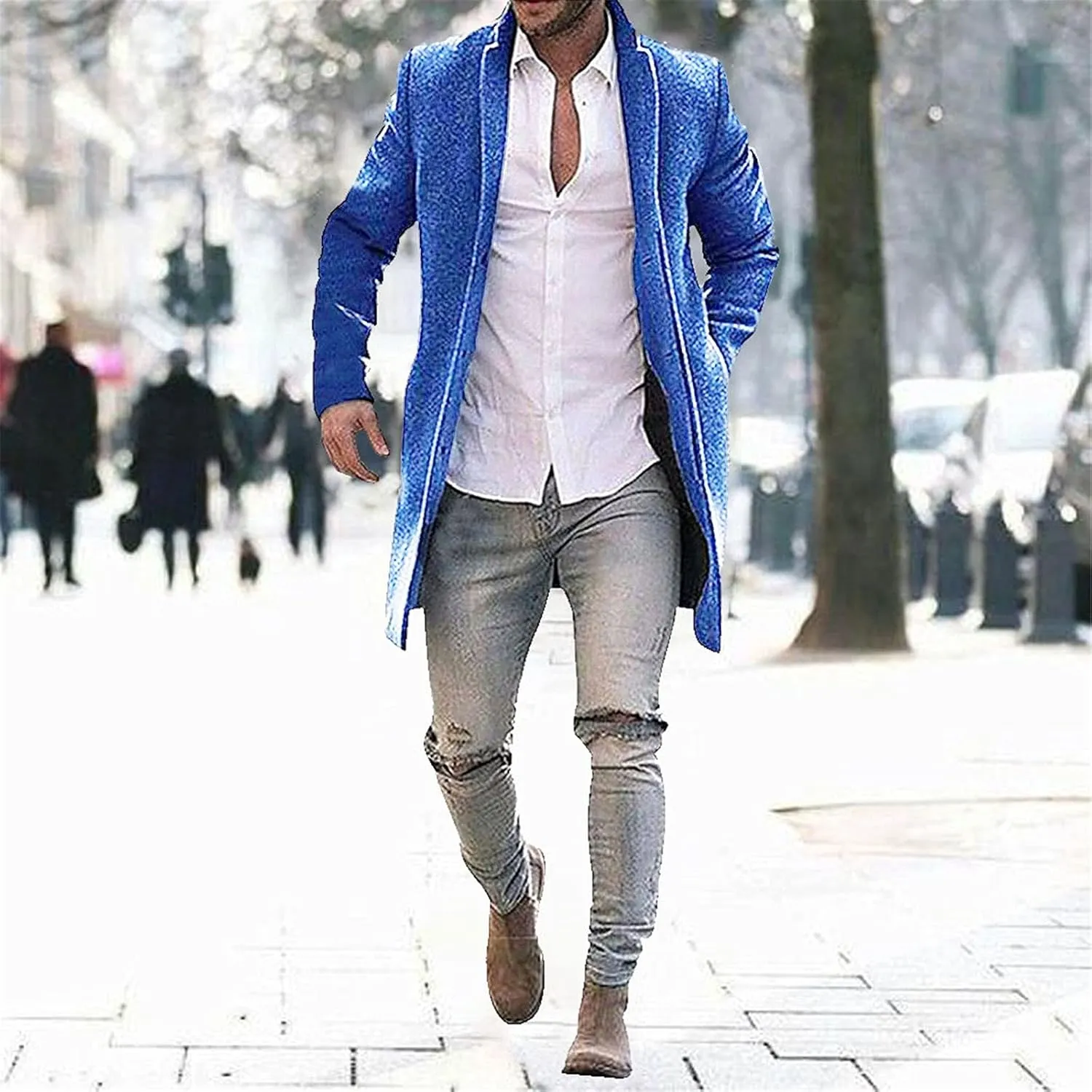 Men's Notch Lapel Double Breasted Long Trench Coat Men's Solid Color Lengthened Notched Lapel Collar Single Breasted