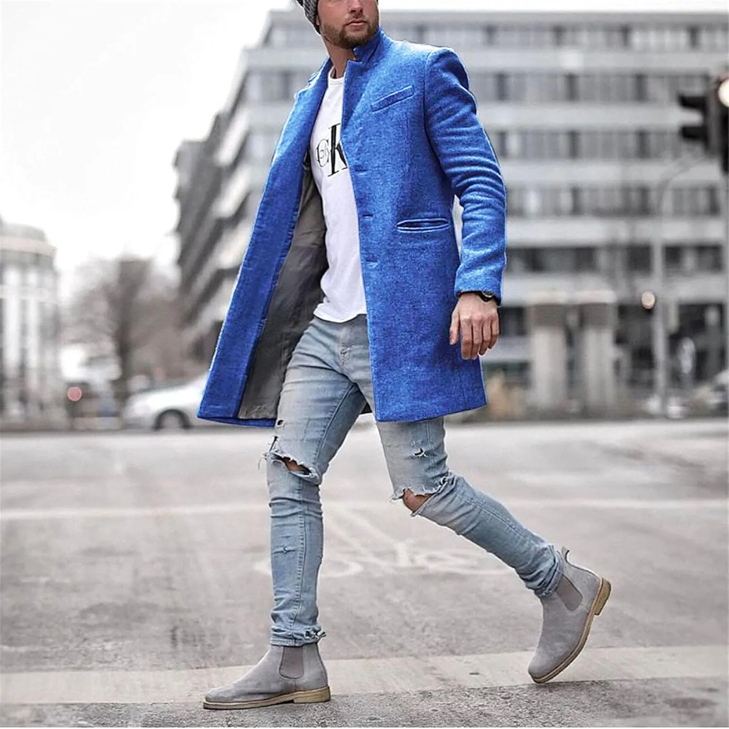 Men's Notch Lapel Double Breasted Long Trench Coat Men's Solid Color Lengthened Notched Lapel Collar Single Breasted