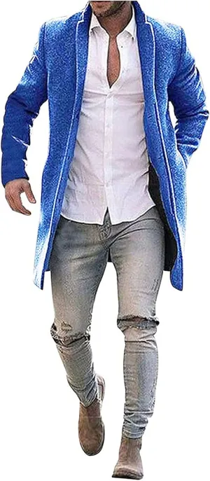 Men's Notch Lapel Double Breasted Long Trench Coat Men's Solid Color Lengthened Notched Lapel Collar Single Breasted