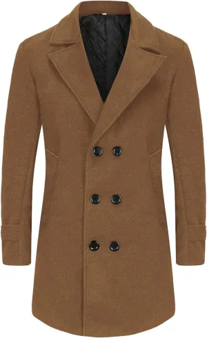 Men's Notched Collar Casual Long Jacket Classic Wool Blend Winter Overcoat with Pockets