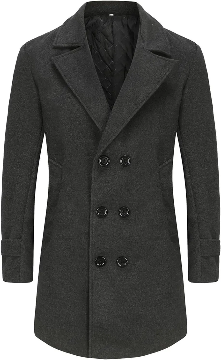 Men's Notched Collar Single Breasted Pea Coat Winter Classic Trench Overcoat with Pockets