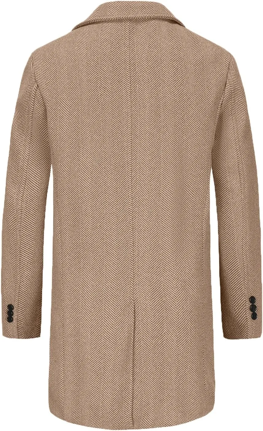 Men's Notched Collar Single Breasted Pea Coat Winter Classic Trench Overcoat with Pockets