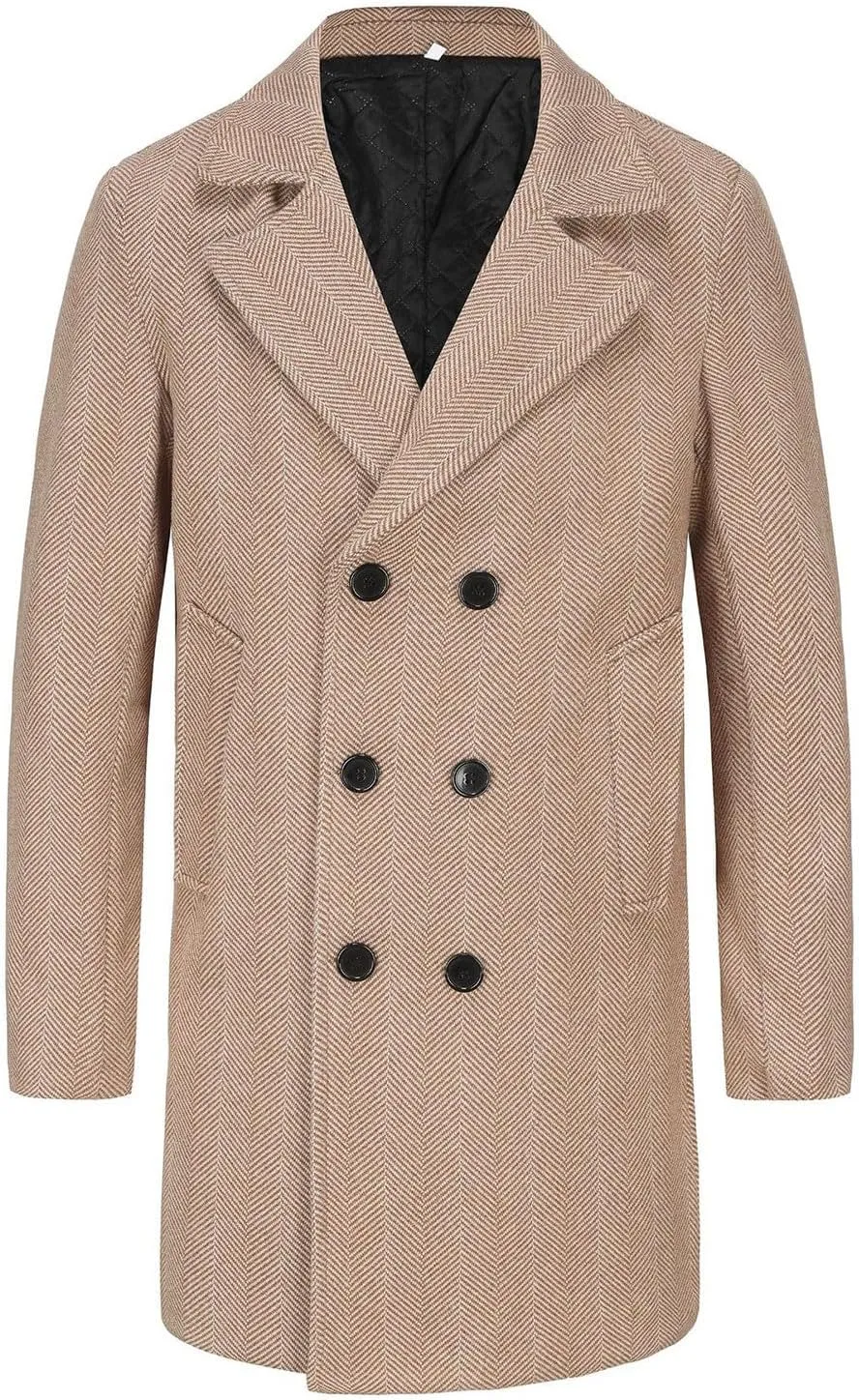 Men's Notched Collar Single Breasted Pea Coat Winter Classic Trench Overcoat with Pockets