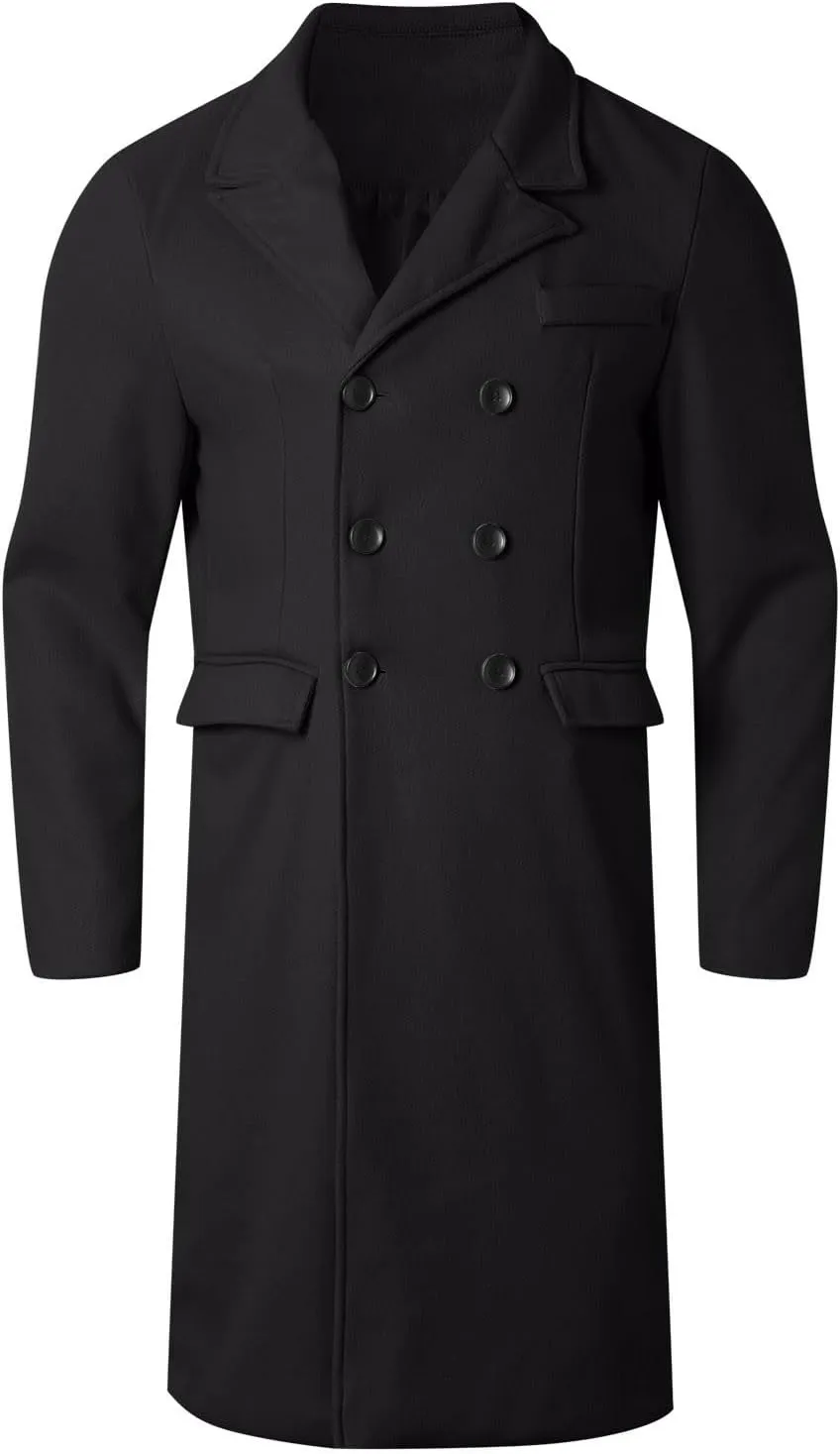 Men's Notched Collar Trench Coat Double Breasted Winter Warm Pea Coats Windbreaker Business Wool Blend Long Jacket