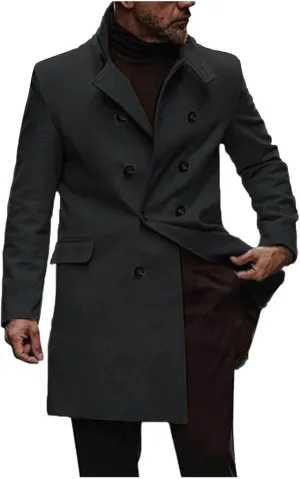 Men's Notched Collar Trench Coat Double Breasted Winter Warm Pea Coats Windbreaker Business Wool Blend Long Jacket