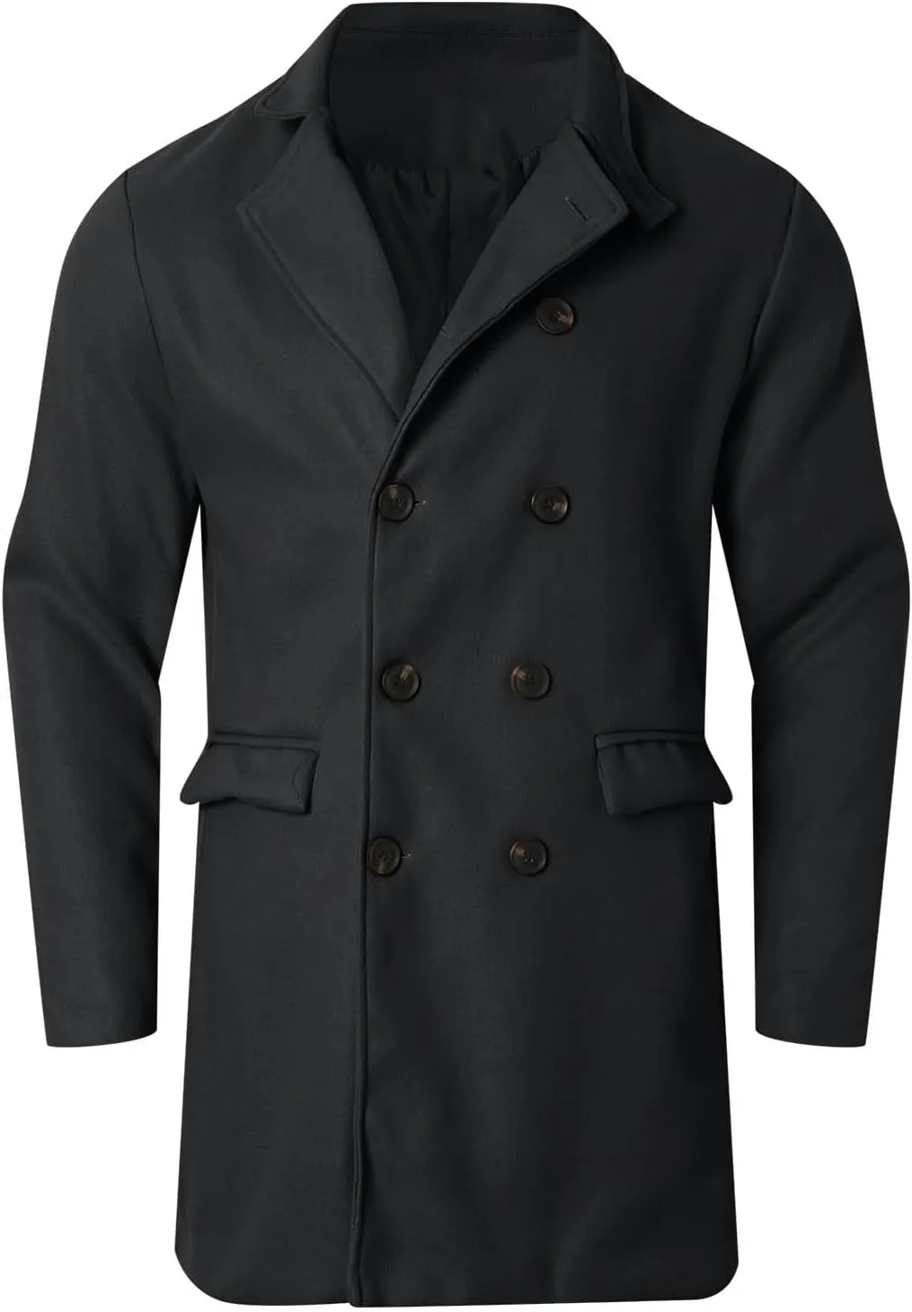 Men's Notched Collar Trench Coat Double Breasted Winter Warm Pea Coats Windbreaker Business Wool Blend Long Jacket