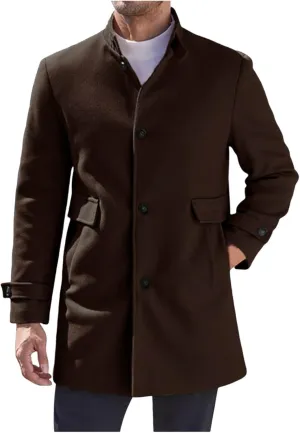 Men's Notched Collar Trench Coat Thicken Single Breasted Long Winter Pea Coats Windbreaker Business Wool Blend Jacket