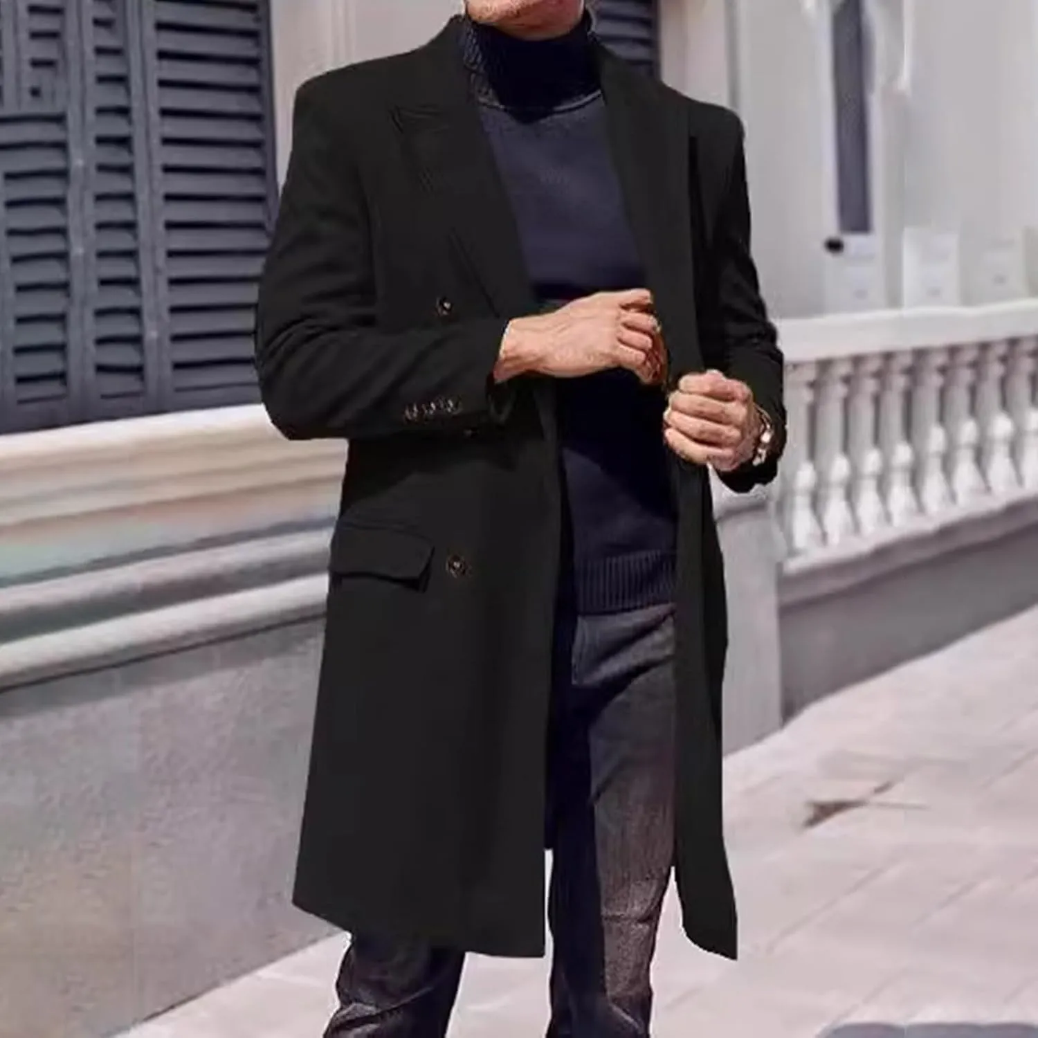 Mens Notched Lapel Trench Coat Double Breasted Winter Warm Overcoat Windbreaker Business Wool Blend Long Jacket